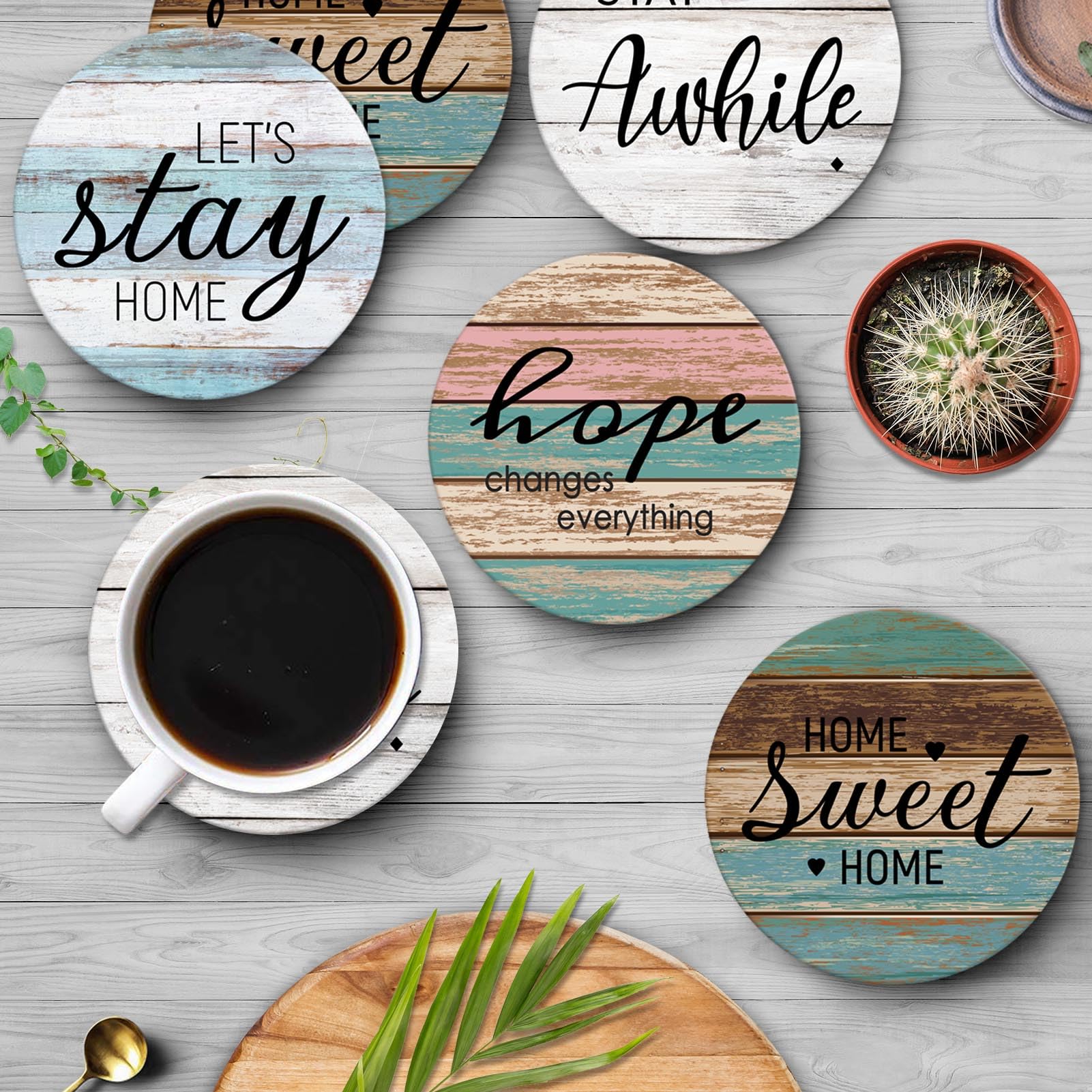 Britimes Coaster For Drinks Set Of 6, Wooden Planks Wood Paint Table Absorbent Round Ceramic Stone Mat, With Cork Base And Metal